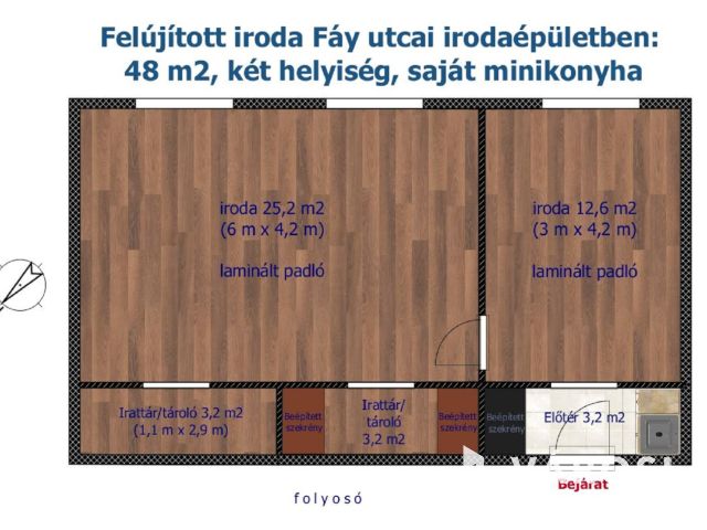 Fáy utcai felújított iroda:48 m2, 2 helyiség,saját teakonyha